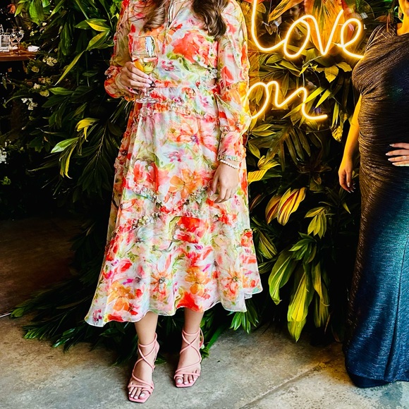 Marchesa Notte Abstract Floral Printed Chiffon Maxi Dress - Picture 4 of 5